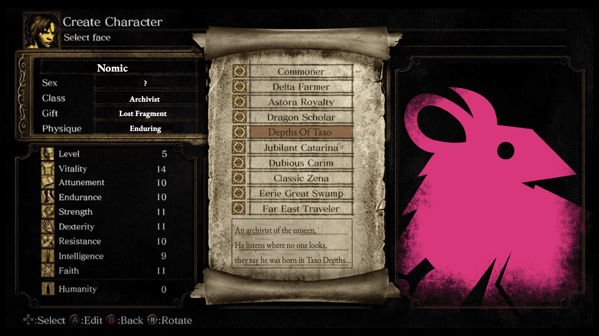 Scheda di creazione personaggio in stile videogioco con Nomic come protagonista